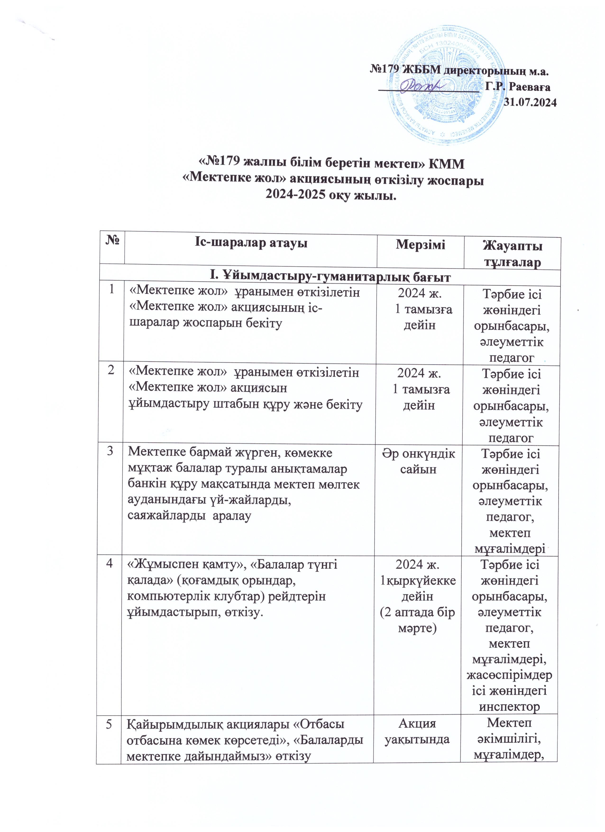 "№ 179 жалпы білім беретін мектеп" КММ "Мектепке жол" акциясының өткізілу жоспары 2024-2025 оқу жылы